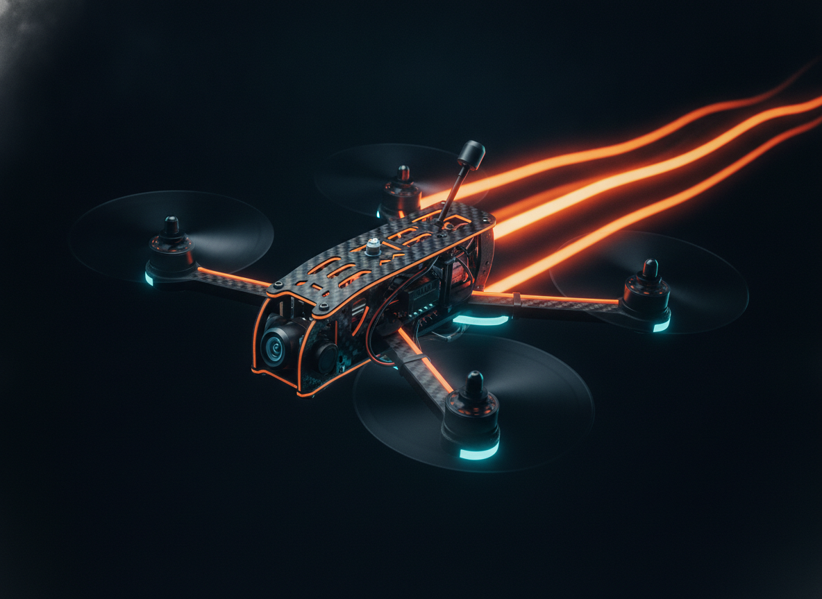 Drone FPV racing en plein virage avec trainees lumineuses