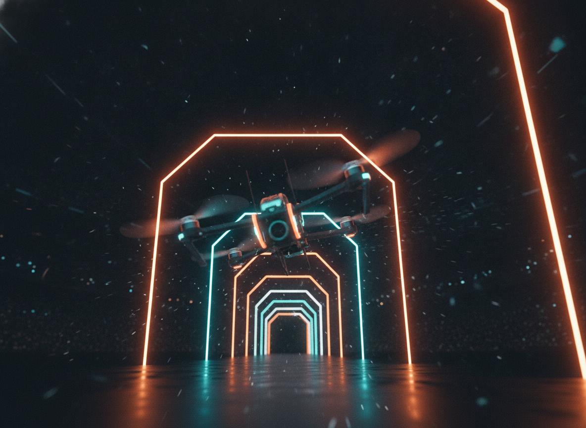 Drone FPV racing traversant des portes lumineuses orange